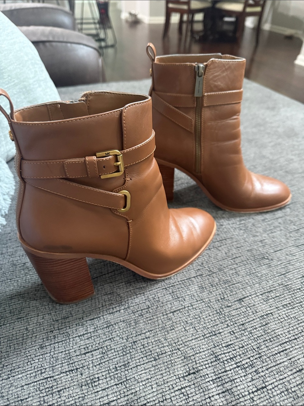 Michael Kors Cognac Leather Ankle Boots with Buckle Strap